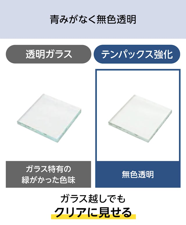 テンパックス強化／青みがなく無色透明／物体の色がクリアに見える